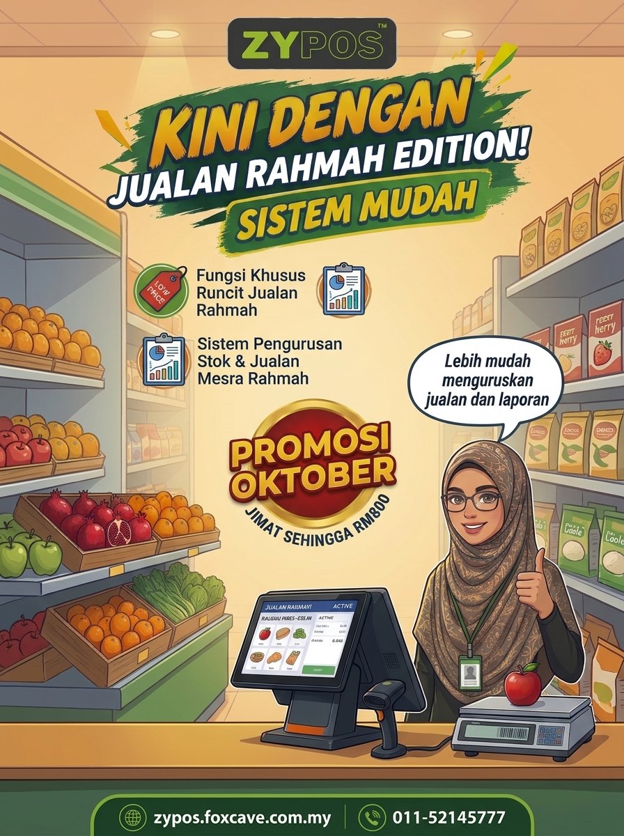 ZYPOS Jualan Rahmah Edition: Kini dengan Jualan Rahmah Edition, sistem mudah. Promosi Oktober, jimat sehingga RM800. zypos.foxcave.com.my, 011-5214 5777
